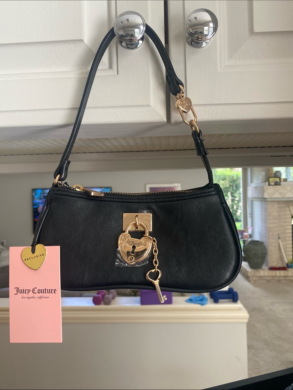 Juicy Couture Black Shoulder Bag with Gold Heart Padlock Charm